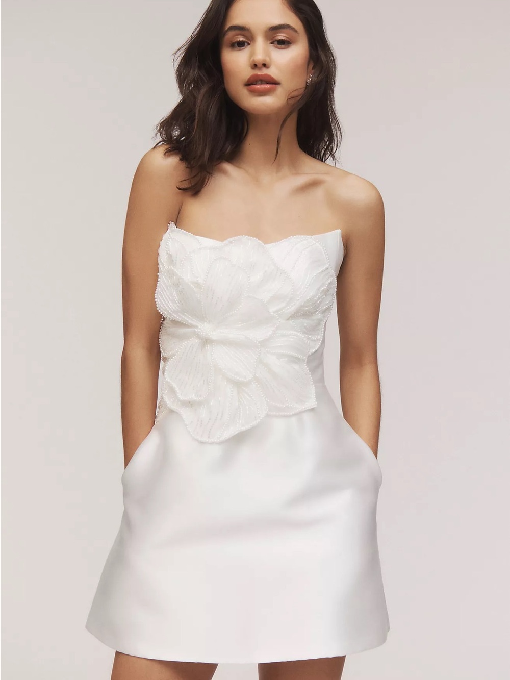Anthropologie Strapless Embellished Pearl Floral A-Line Mini Dress